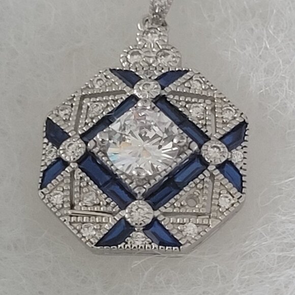 NWT-Silver Sapphire CZ Necklace-Silver 16" Chain Beautiful Piece! -Read Descript - Picture 3 of 9